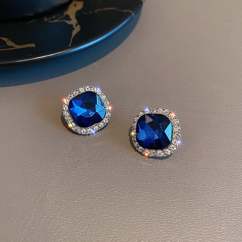 Korean Girl Luxury Deep Sea Blue Earrings Rhinestone Ear Studs Fashion ...