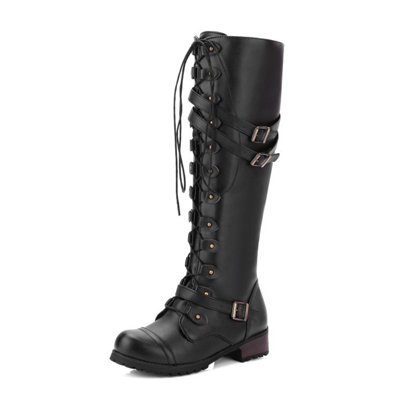Gift Perfect Womens Knee High Lace Up Buckle Fashion Military Boots ...
