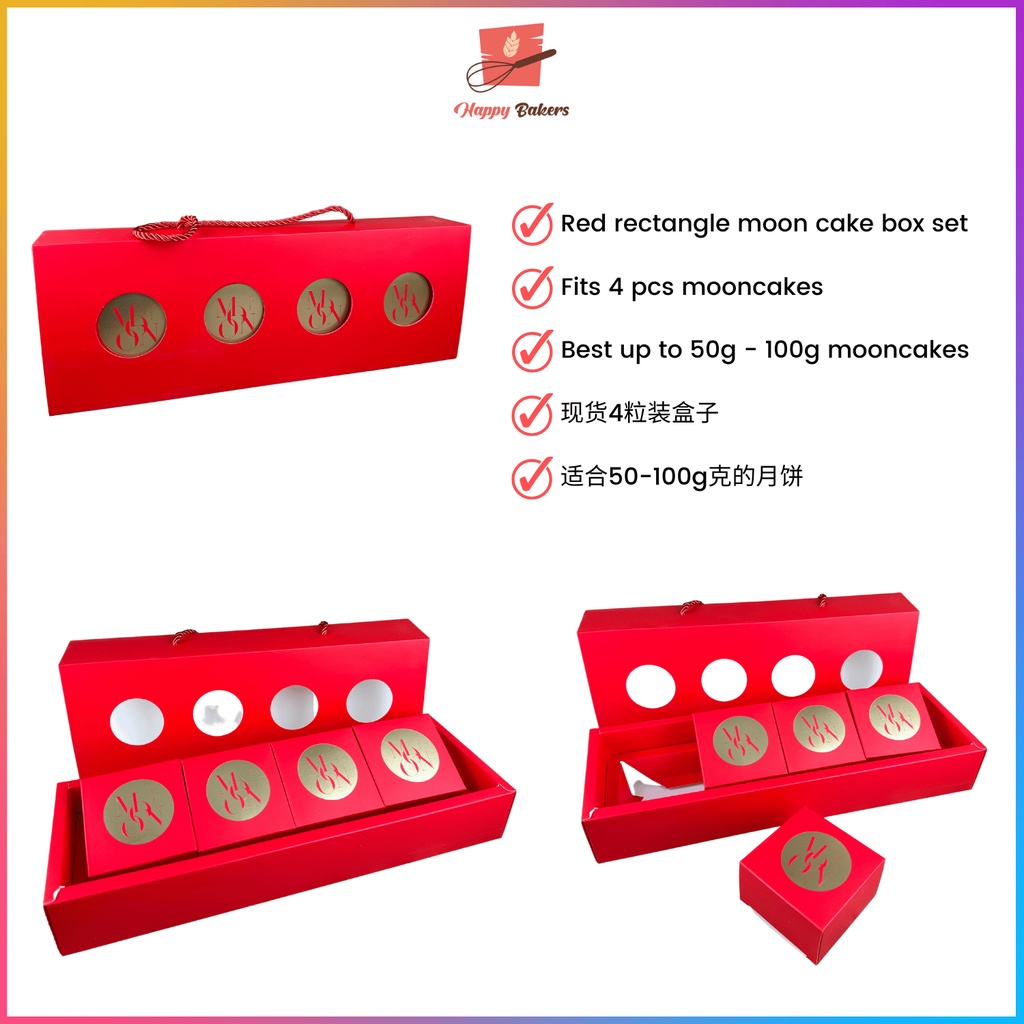 月饼盒 Red Long Mooncake Box Set 4 in 1 Fits 4 pcs 100g Mooncake Box With ...