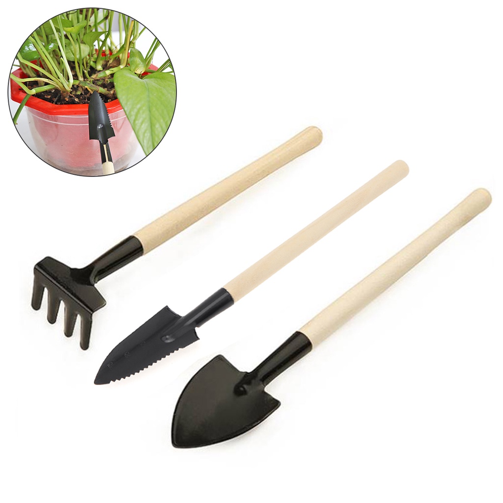 3pcs/set Mini Shovel Rake Wooden Handle Metal Head For Flowers Potted ...