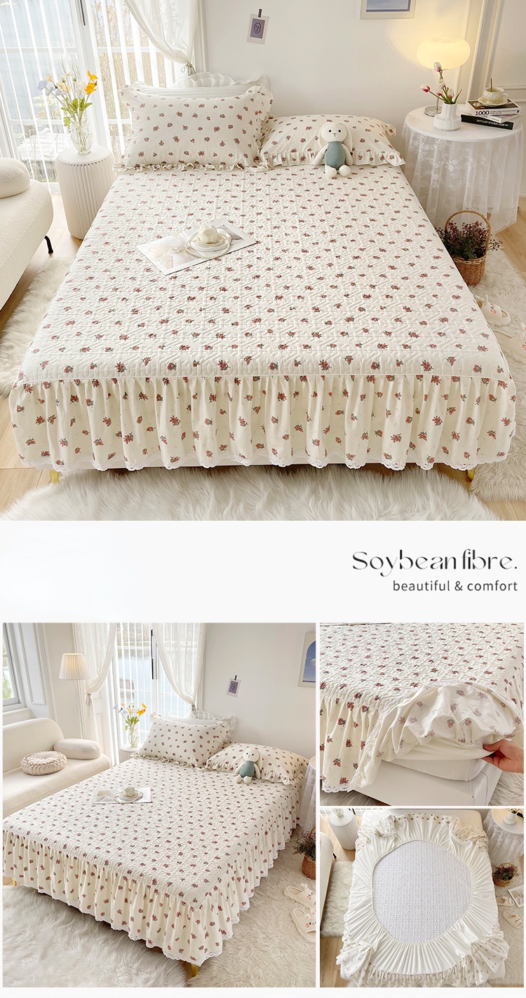 3-Piece Cotton Crib Bedding Set - Ruffle Quilted Comforter, Fitted Sheet & Bed Skirt, Pink Floral Shabby Chic Design For Girls