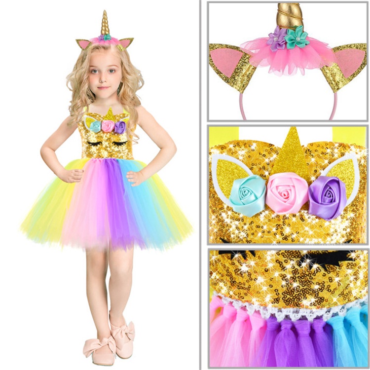Girls Rainbow Unicorn Princess Dress Tutu Prom Gown For Kids