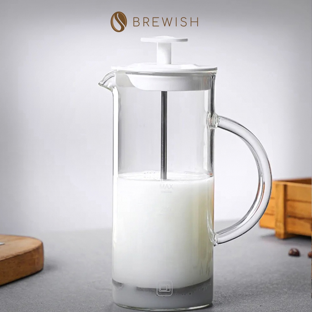 BREWISH French Press Coffee Tea Brewer Milk Frother Heat Proof Glass