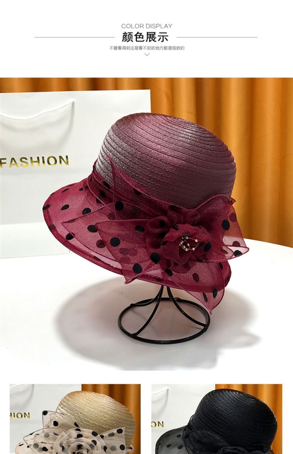FEEDDI Women's Top Hat British Style Floral High-end Hat Polka Dot New ...