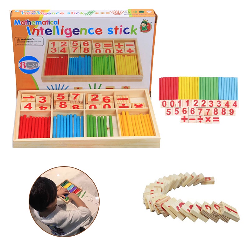 Early Math Learning Wooden Toy Set Counting Rods Blocks Develops