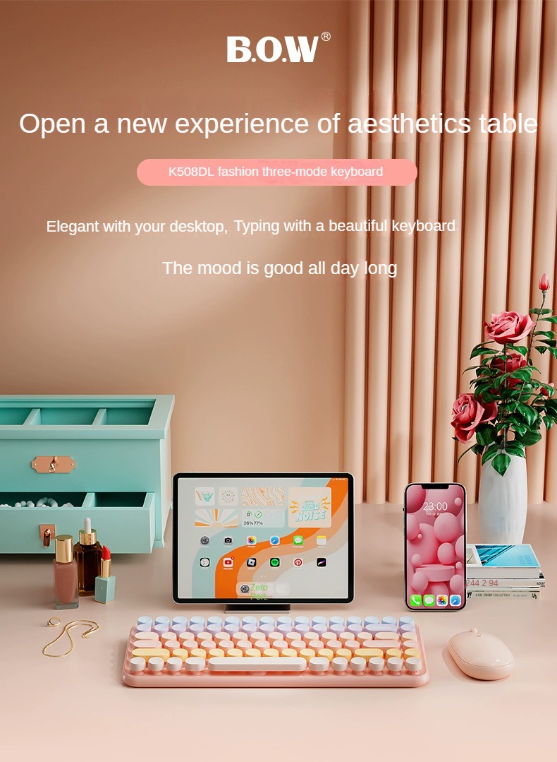 BOW Dual Mode Bluetooth Keyboard and Mouse Set Retro Round keycap 2.4g ...