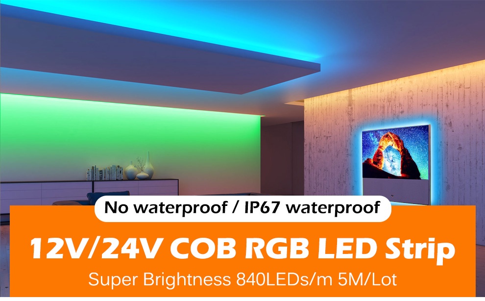 RGB COB LED Strip 840 LEDs 10mm DC12V 24V High Density Flexible IP67 ...
