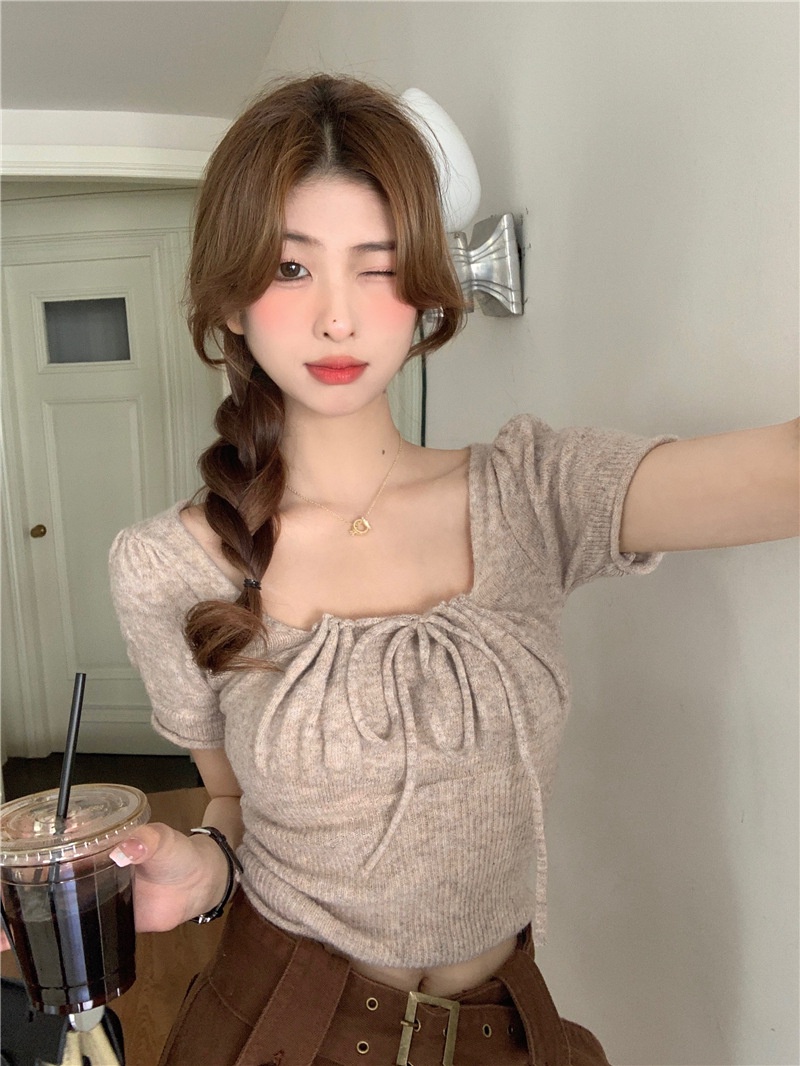 Sweet hot girl square collar short-sleeved knitted base shirt Women's ...