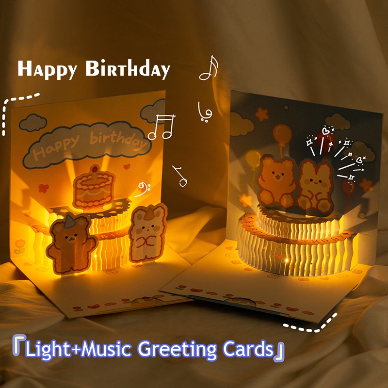 3D Music Card Pop Up Cake Musical Light Greeting Card Cute Bear Cartoon ...