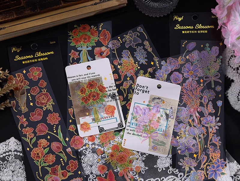 3 Sheets Golden&Silvery Bronzing Flower Series Stickers Scrapbook Deco ...