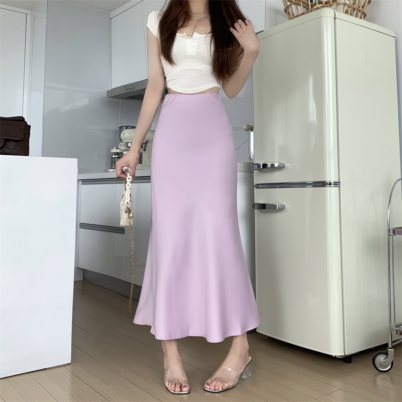 WEANIA Women Korean Style Elegant Fish Tail Bodycon Satin Long Skirt ...