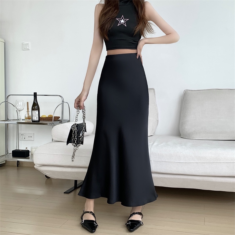 WEANIA Women Korean Style Elegant Fish Tail Bodycon Satin Long Skirt ...