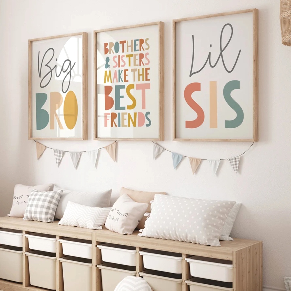 Cartoon Cute Child Big Bro Lit Sis Quotes Nursery Wall Art Canvas ...