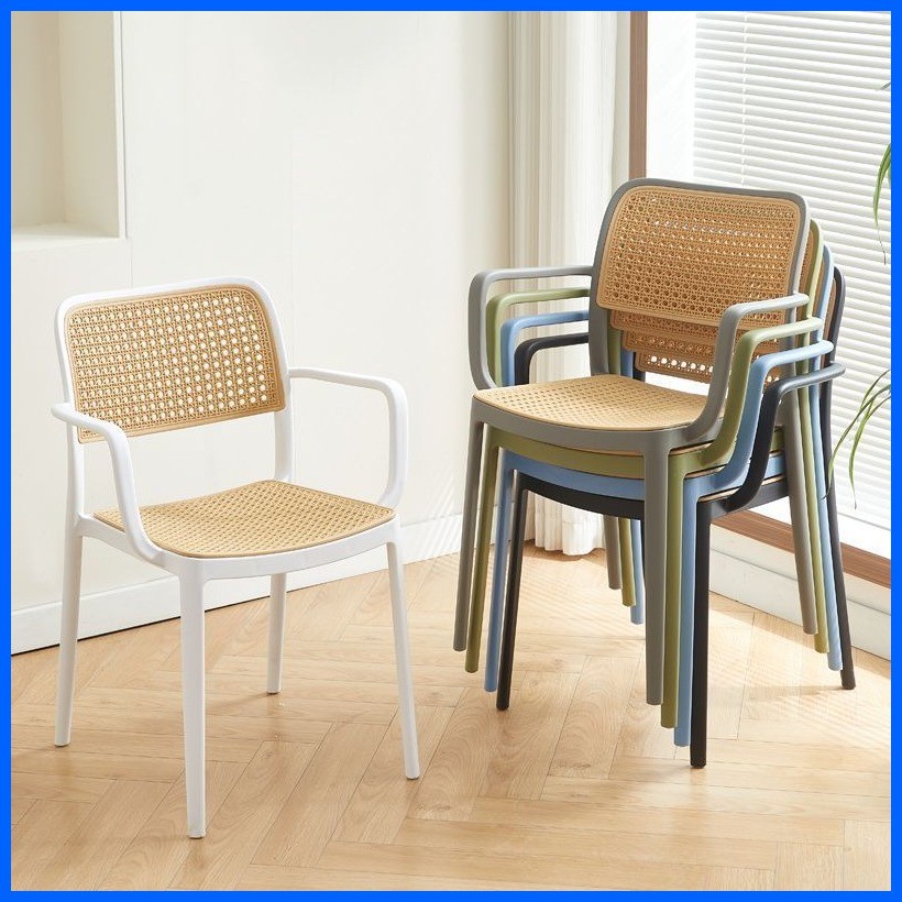☑ ๑ Plastic chair with armrests Rattan home stacking Dining chair ...