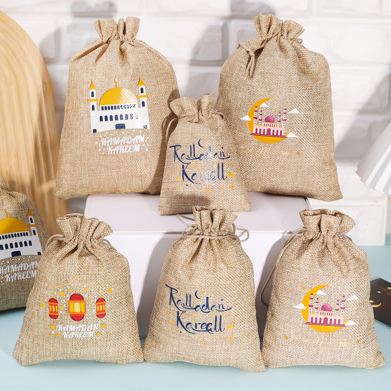1/3/5Pcs Eid Mubarak Linen Drawstring Bags - Star Moon Burlap Gift ...