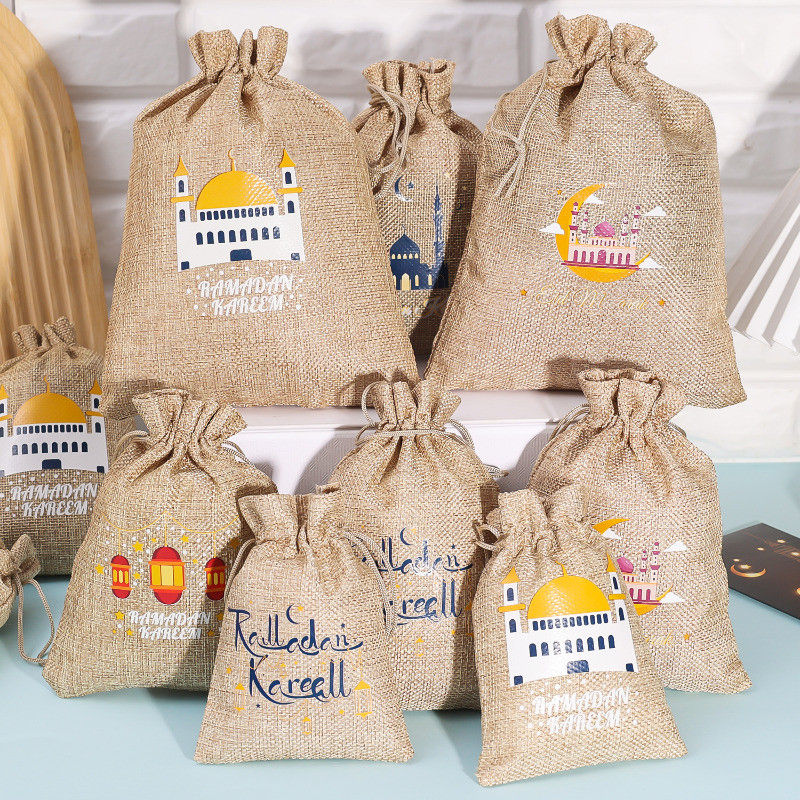 1/3/5Pcs Eid Mubarak Linen Drawstring Bags - Star Moon Burlap Gift ...