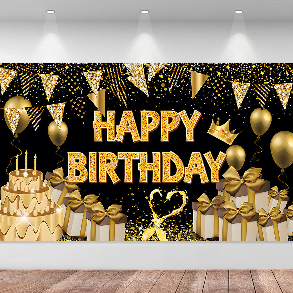 Birthday Backdrop Decoration Cloth 49*31.5 Inch Black Gold Happy ...