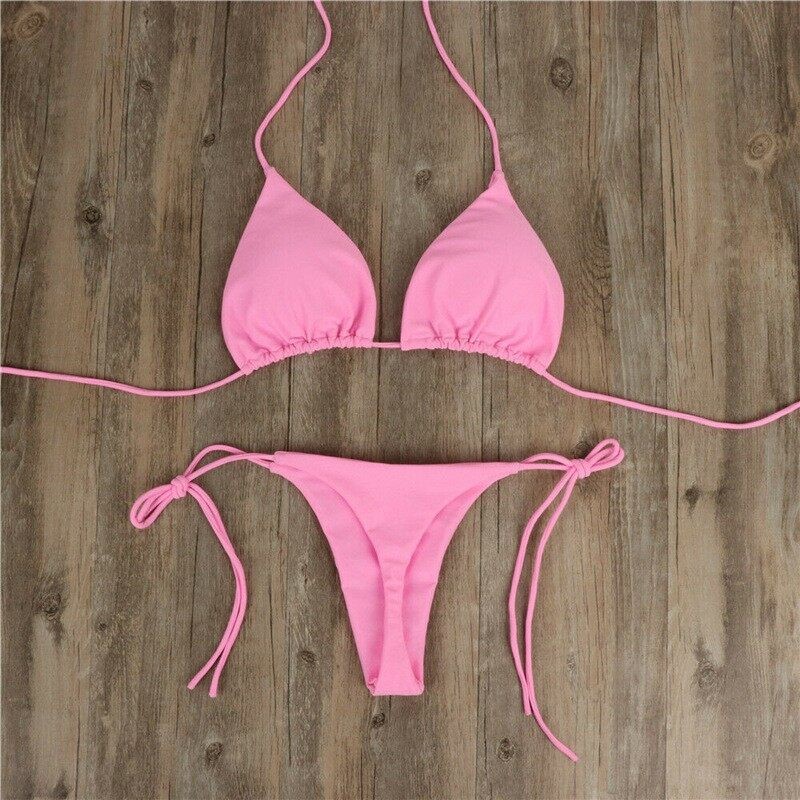 Women Bikini Sets Adjustable Lace Up Push Up Swimwear Sexy Plain Two ...