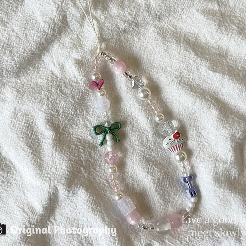 INS Bowknot Cake Beaded Handmade Mobile Phone Chain Anti-Lost Lanyard ...