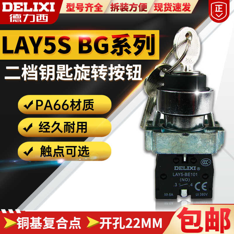 Delixi metal type key knob switch LAY5s-BG25 with two gear key contacts ...