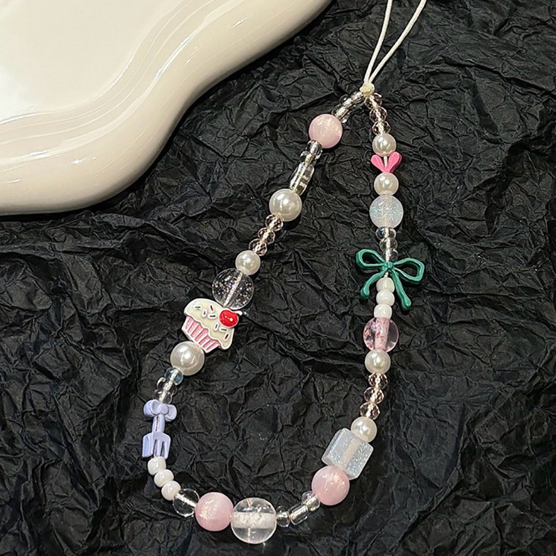 INS Bowknot Cake Beaded Handmade Mobile Phone Chain Anti-Lost Lanyard ...