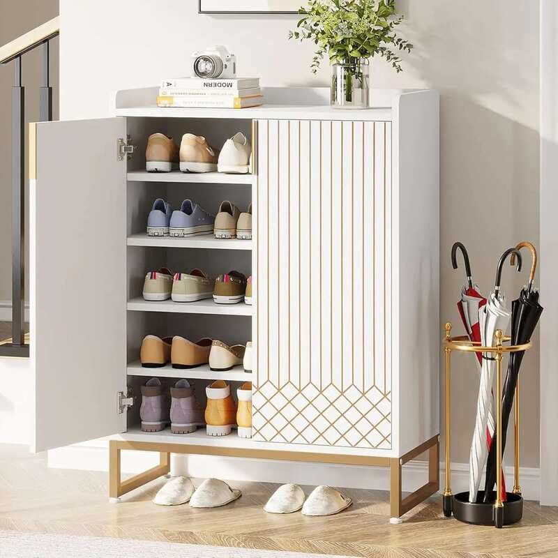White, 5-Tier Modern Shoe Rack Organizer Cabinet, Freestanding Wood ...