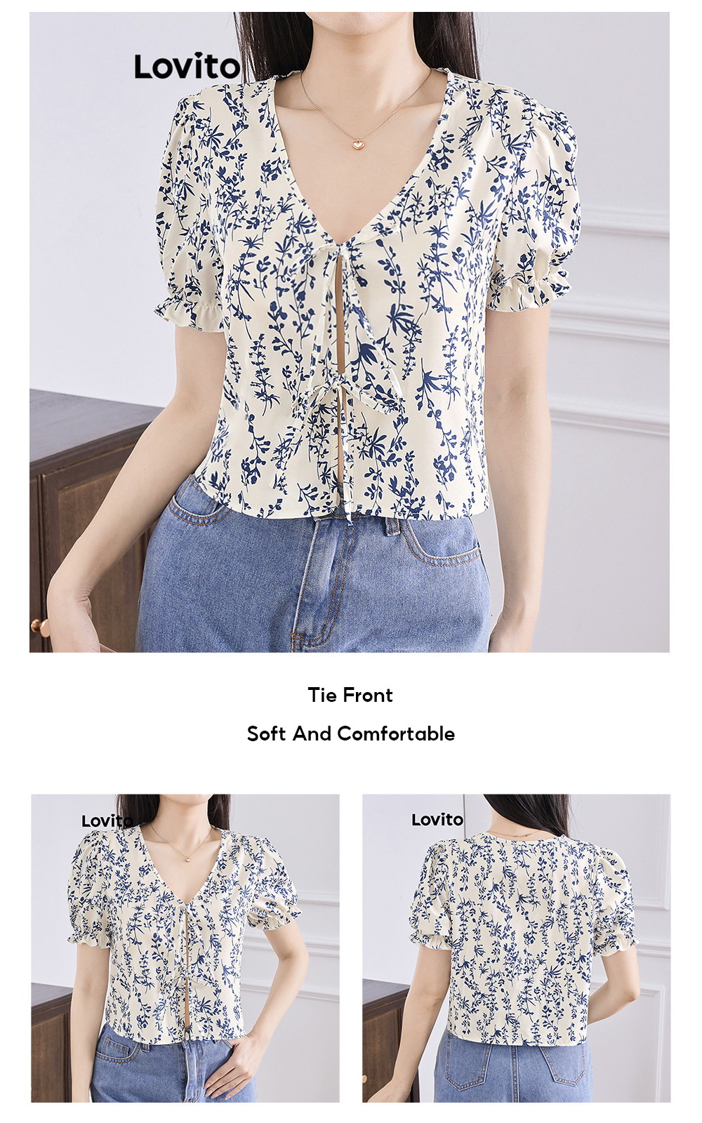 Lovito Casual Women Ditsy Floral Tie Front Pattern Blouse L121AD1138 ...