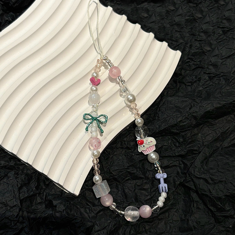 INS Bowknot Cake Beaded Handmade Mobile Phone Chain Anti-Lost Lanyard ...