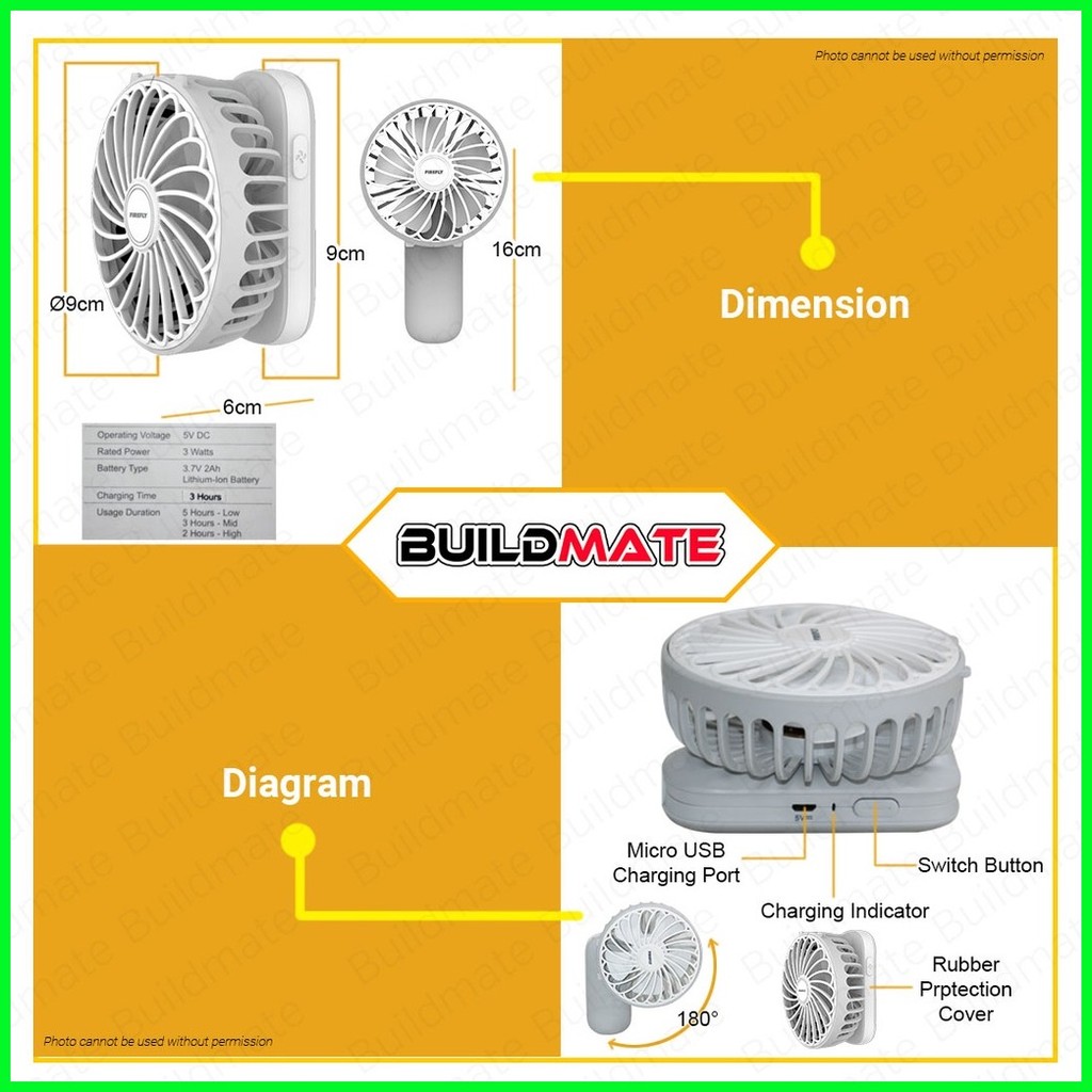 BUILDMATE Firefly 3W Mini Handy Fan Flip Type with Stand Rechargeable ...