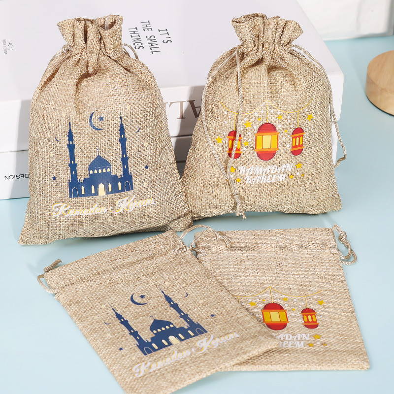 1/3/5Pcs Eid Mubarak Linen Drawstring Bags - Star Moon Burlap Gift ...