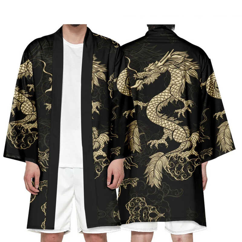 Cardydony Japanese Style Dragon Playing In The Water Flaxen Collar Cardigan Shirt