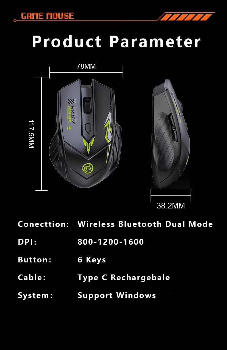 New Mech Silent Gaming Mouse 6D 1600DPI Dual Mode BT Wireless ...