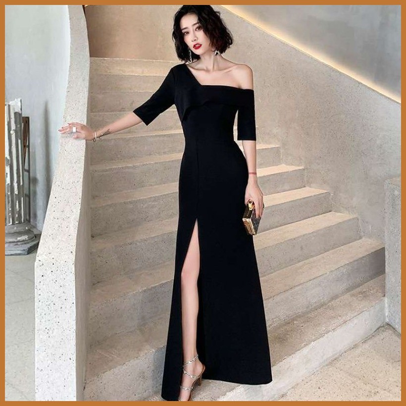 ∆ JS prom Evening Dinner Gown banquet evening dress Black one-shoulder ...