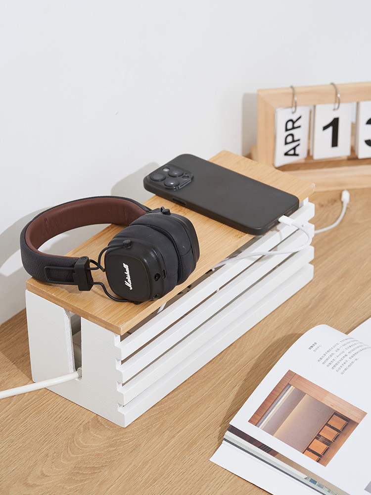 Wooden Bamboo Cover Power Strip Storage Box Socket Shelf Wire Charger ...