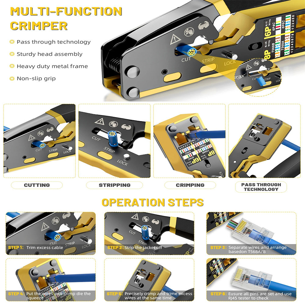 RJ45 Crimp Tool Pass Through Ethernet Crimping Tool for Cat6 Cat5 Cat5e ...