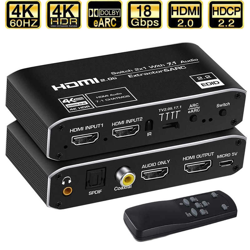 2X1 120Hz Earc Audio Extractor ARC Fiber Tosk 2.0 4K 60Hz HDMI Switch ...