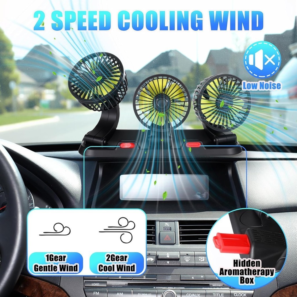 2025 Upgraded 12V Car Fan 3 Heads 360 Cooling 2 Speed Portable for ...