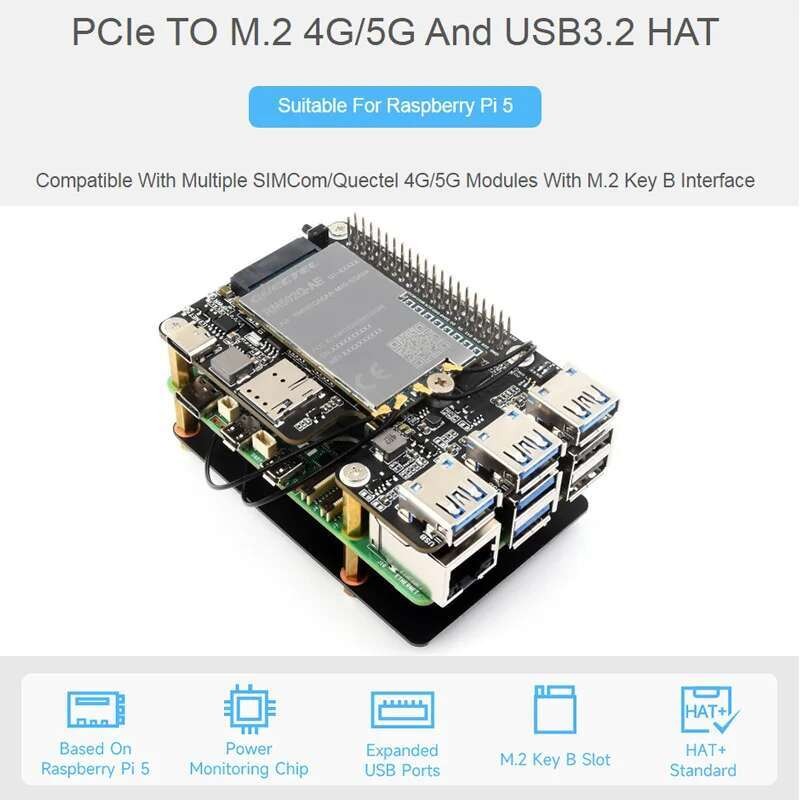 PCIe to M.2 4G/5G USB 3.2 HAT for Raspberry Pi 5 Compatible with SIMCom ...