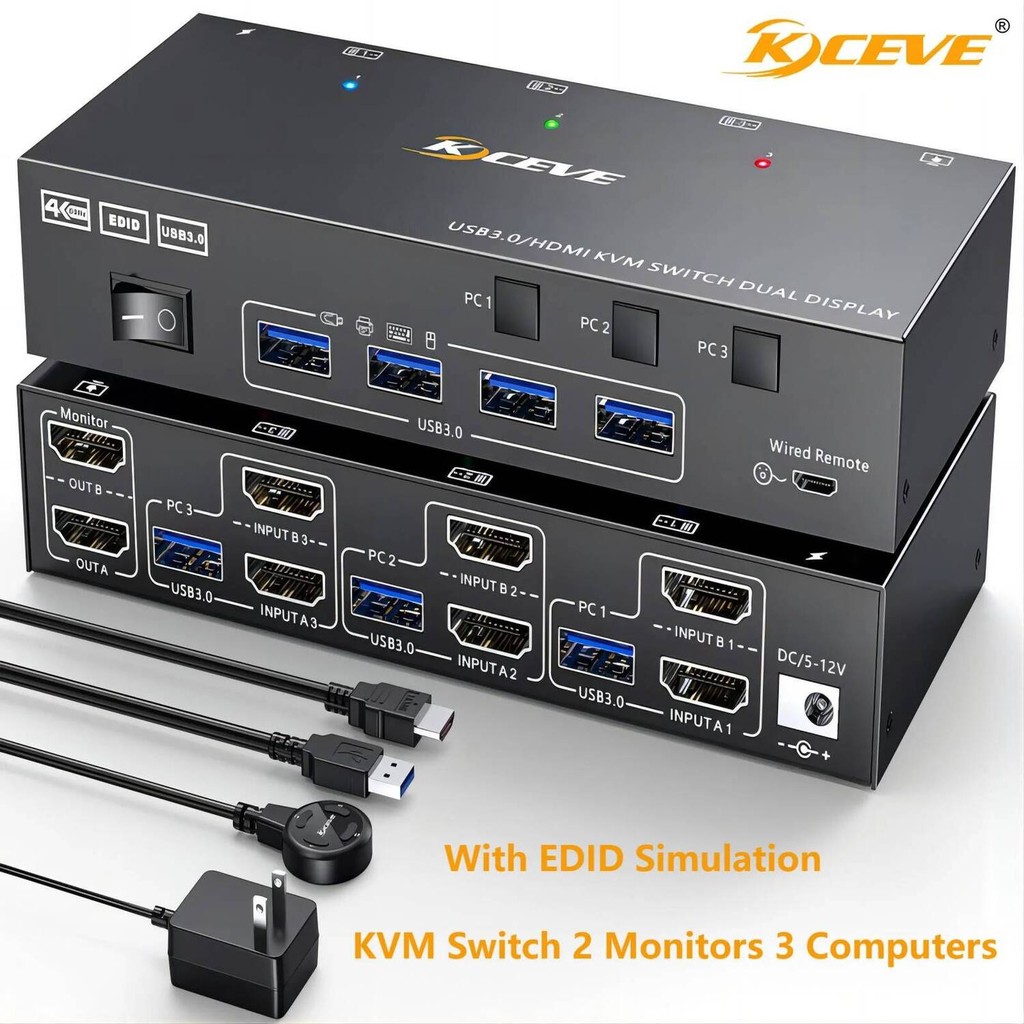 Monitor Dual HDMI KVM Switch 2 Monitors 3 Computers, EDID Emulator,4K ...