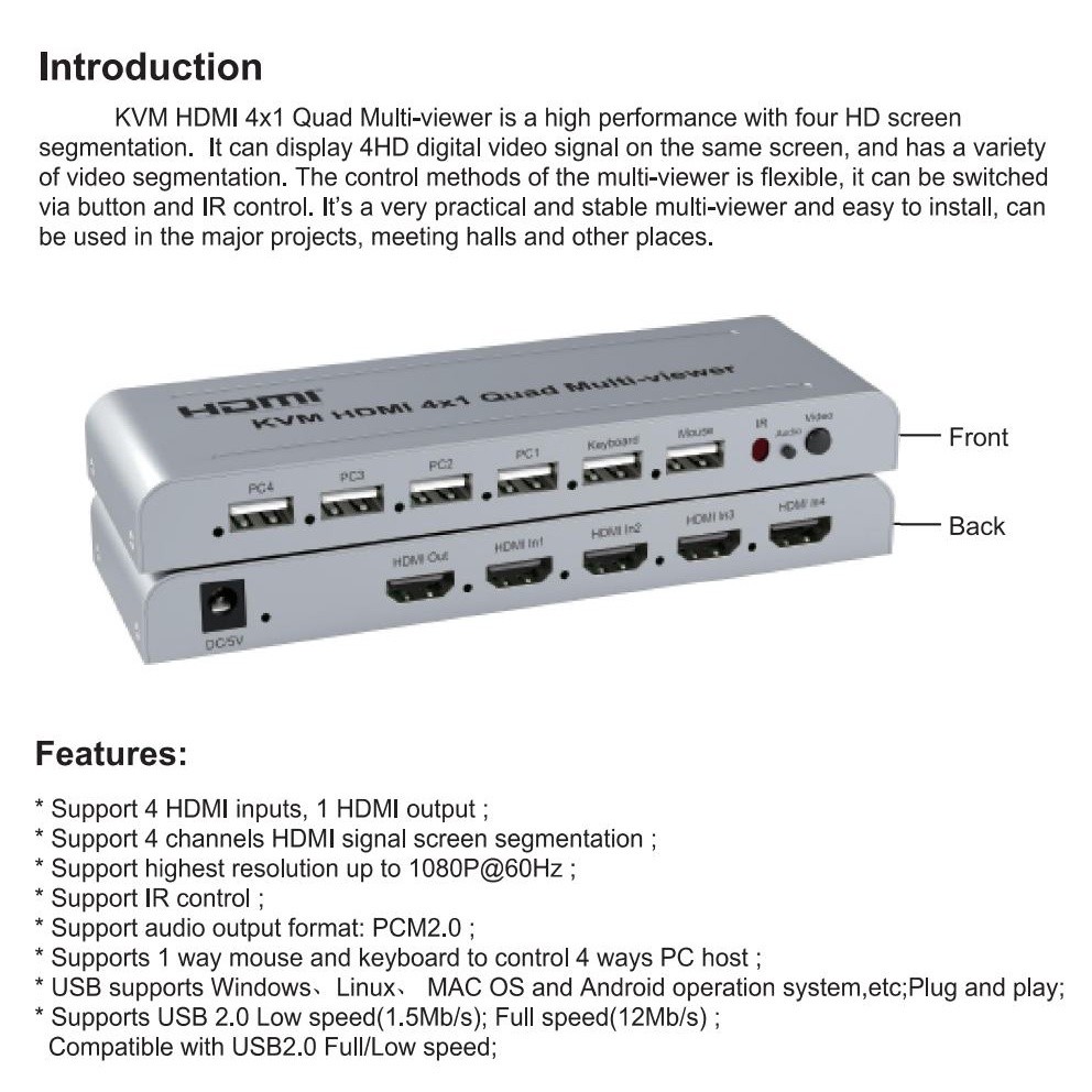 KVM HDMI 4X1 Quad Multi Viewer Switch 4 in 1 out Vedio Processor Screen ...