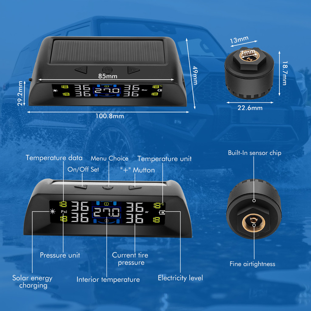 T16 Car TPMS Solar/USB Charge wireless Tire Pressure Monitoring System ...