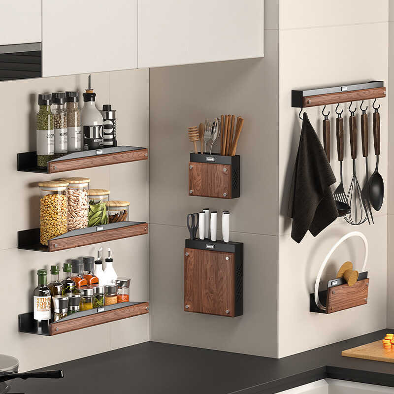 Walnut Aluminum Kitchen Rack Perforation-Free Solid Wood Pot Lid Rack ...