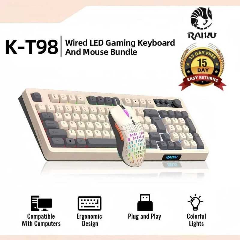 Raiku Wired Rainbow LED Gaming Keyboard Bundle And Mouse Set 98 Silent ...