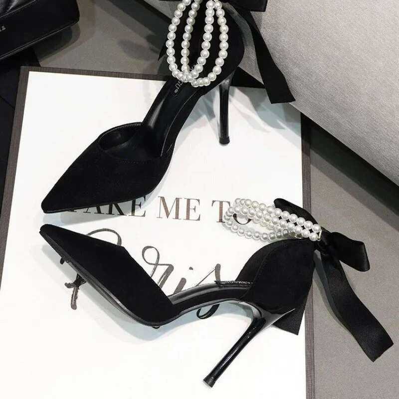 Women's Black Pumps Summer New Brand Design String Bead Pearls Wedding ...