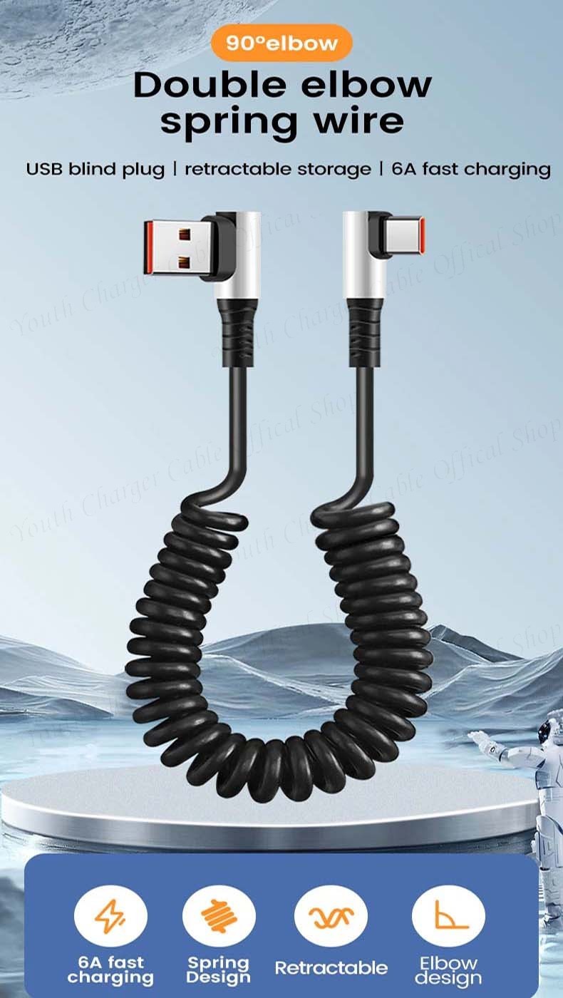 6A Dual Elbow USB to Type C Spring Retractable Car Charging Cable 66W ...