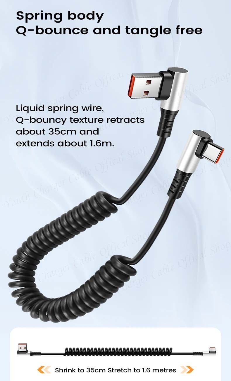 6A Dual Elbow USB to Type C Spring Retractable Car Charging Cable 66W ...