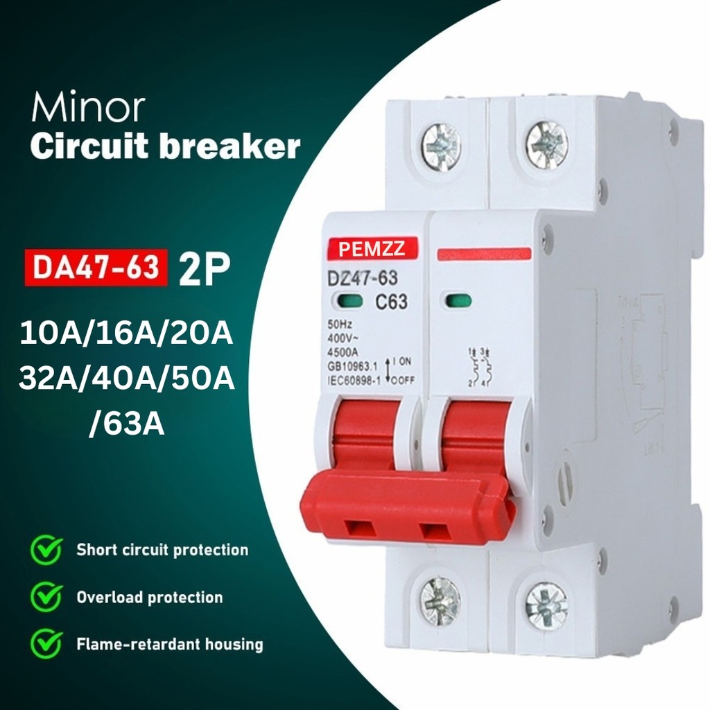 AC DC 2 Pole Mini Circuit Breaker 10A 16A 20A 32A 40A 50A 63A Overload ...