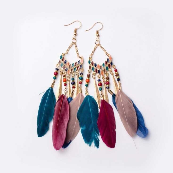feather V-shaped tassel earrings, long Bohemian pearl feather earrings ...