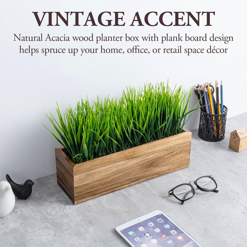 Artificial Green Grass Plant in Acacia Wood Planter - Faux Greenery ...