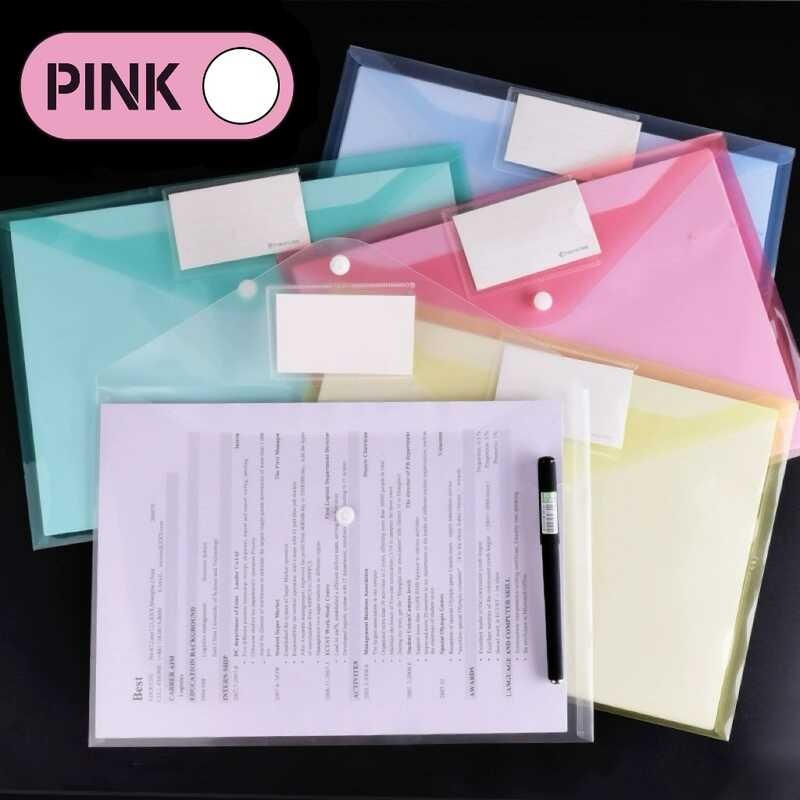 PINK A4 Transparent Envelope Fold Clear Snap Button File Case Plastic ...
